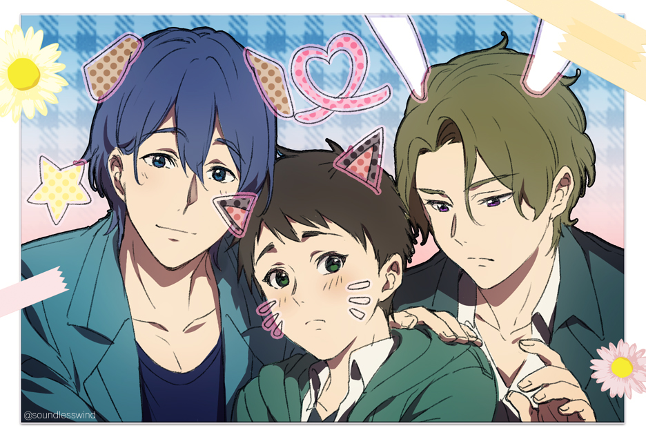 3boys, animal_ears, aqua_jacket, artist_name, blue_eyes, blue_hair, blue_jacket, brown_eyes