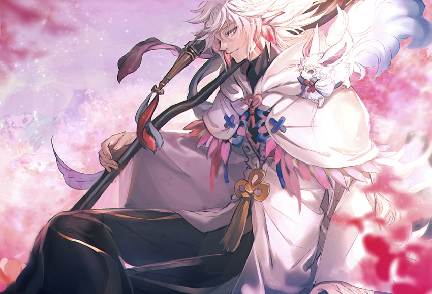 1boy, ahoge, animal, bangs, bishounen, black_pants, center_frills, fate/grand_order