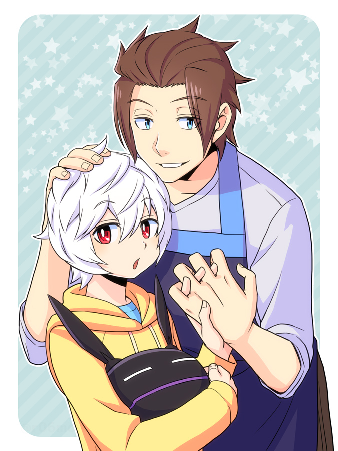 2boys, apron, bangs, blue_eyes, brown_hair, eyebrows_visible_through_hair, hair_between_eyes, hand_on_another's_head
