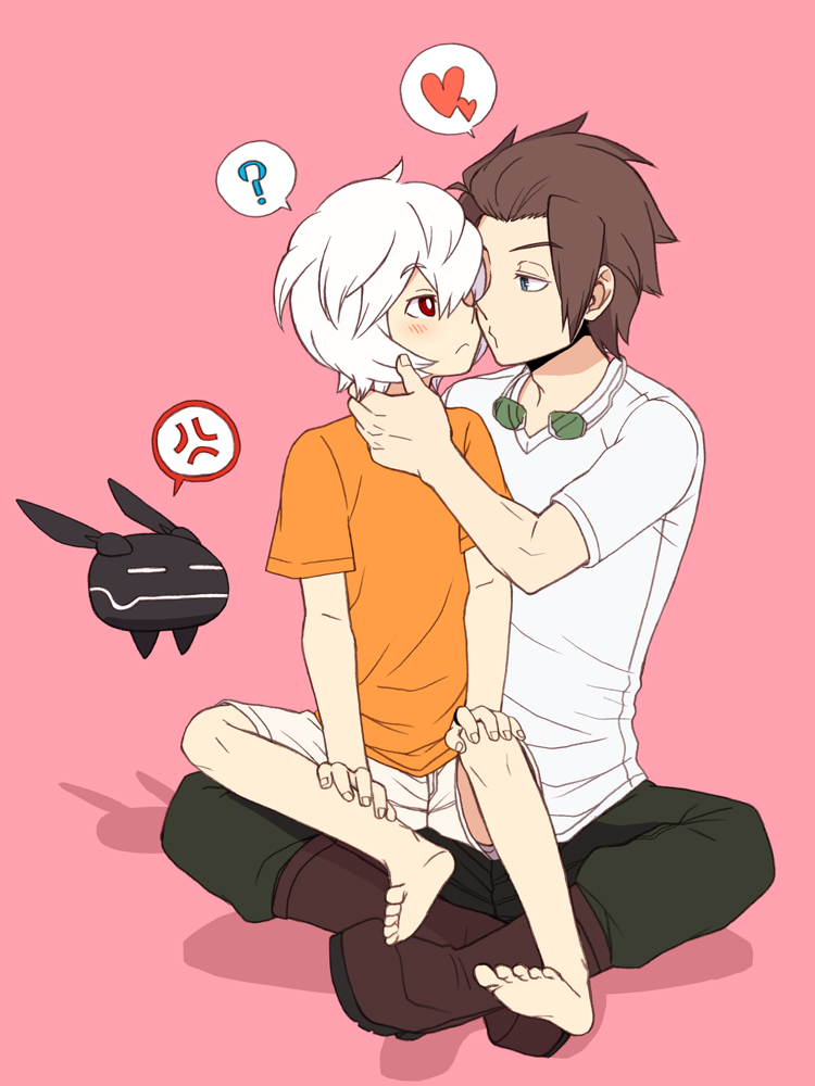 2boys, ?, barefoot, blue_eyes, boots, brown_hair, eye_contact, full_body
