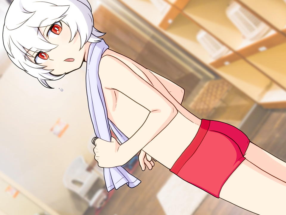 1boy, ass, bangs, boxer_briefs, dutch_angle, from_behind, hair_between_eyes, jewelry, kuga_yuuma, looking_at_viewer, looking_back, maid, open_mouth, red_eyes, ring, roromo, shirtless, solo, towel, towel_around_neck, white_hair, world_trigger