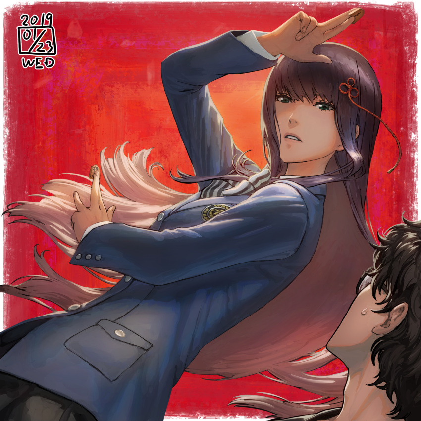 1boy, 1girl, amamiya_ren, bangs, black_hair, bow, brown_hair, glasses