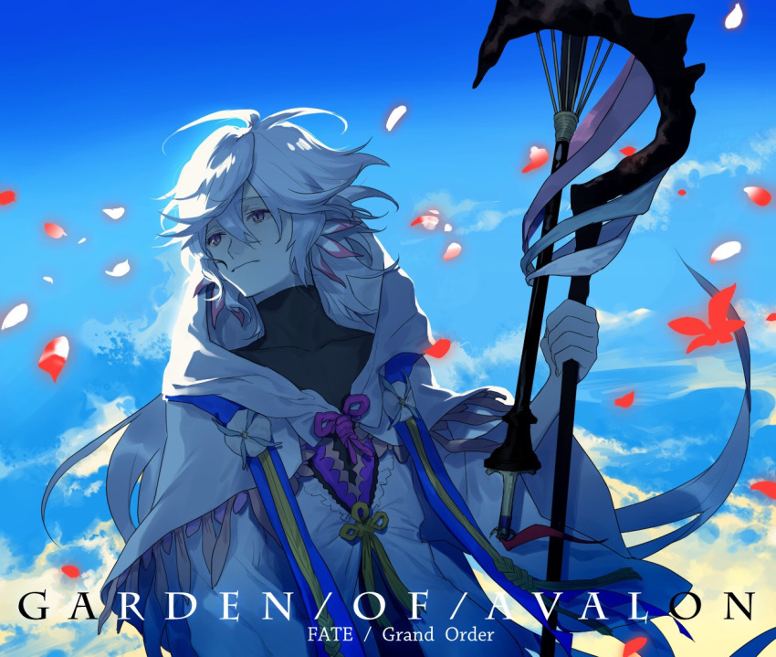 1boy, ahoge, ays1071, bangs, bishounen, center_frills, clouds, copyright_name, fate/grand_order, fate_(series), flower, flower_knot, hair_between_eyes, hair_ornament, holding, holding_staff, holding_weapon, hood, hood_down, hooded_robe, long_hair, long_sleeves, looking_to_the_side, male_focus, merlin_(fate), multicolored_hair, petals, pink_ribbon, ribbon, robe, sky, solo, staff, tassel, turtleneck, two-tone_hair, upper_body, very_long_hair, violet_eyes, weapon, white_hair, white_robe, wide_sleeves