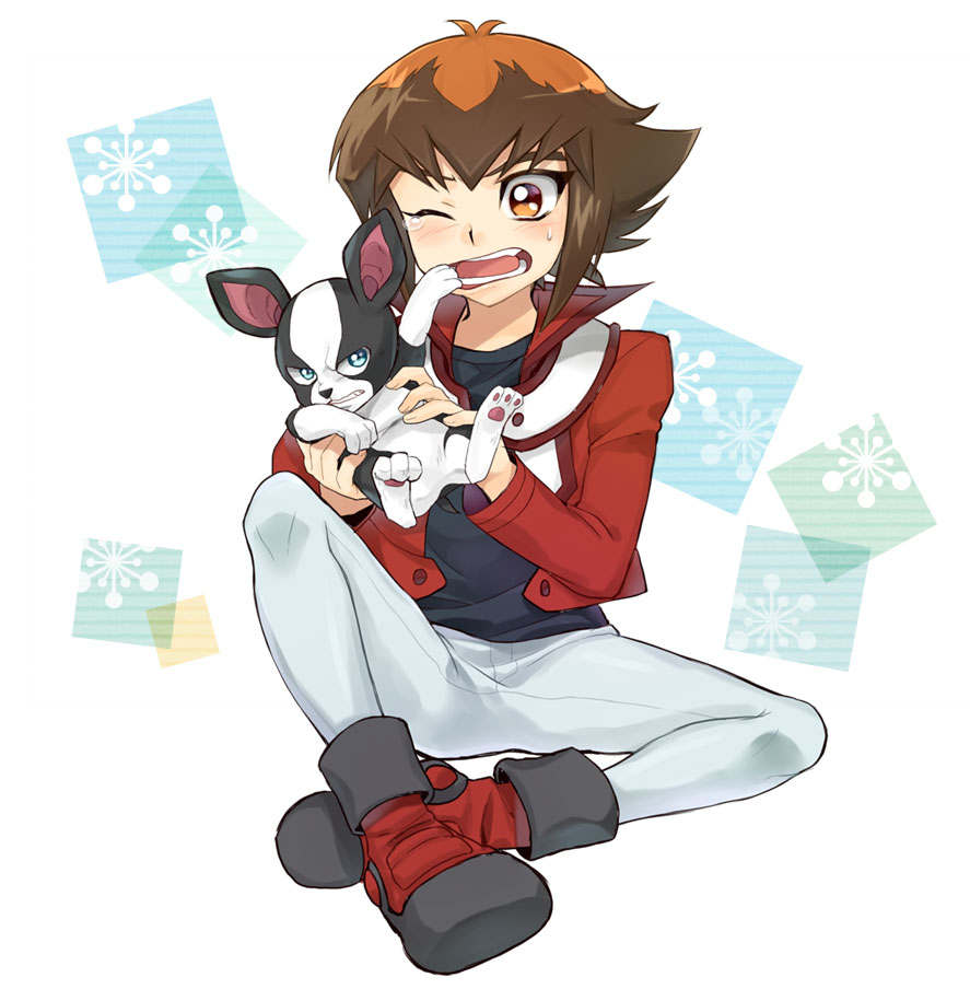 1boy, animal, bangs, black_shirt, blue_eyes, brown_eyes, brown_hair, dog
