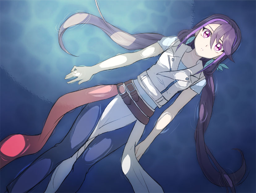 1girl, bangs, belt, blue_pants, brown_belt, closed_mouth, earrings, from_above