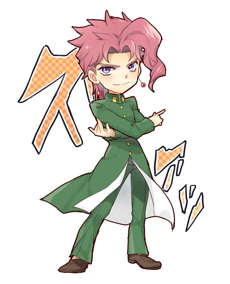 1boy, brown_footwear, chibi, closed_mouth, coat, crossed_arms, earrings, green_coat