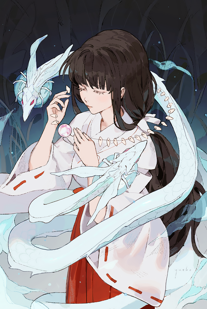 1girl, bangs, black_hair, blunt_bangs, breasts, closed_eyes, closed_mouth, cowboy_shot, eyelashes, floating, gem, hakama, hands_up, holding, inuyasha, japanese_clothes, jewelry, kikyou_(inuyasha), large_breasts, long_hair, long_sleeves, low_ponytail, miko, necklace, pink_lips, red_eyes, red_hakama, ribbon-trimmed_sleeves, ribbon_trim, shikon_no_tama, shinidamachuu, sidelocks, solo, sphere, standing, tied_hair, very_long_hair, youkai, yueko_(jiayue_wu)