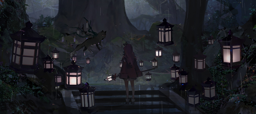 1girl, ankle_boots, boots, brown_hair, candle, coat, dress, facing_away