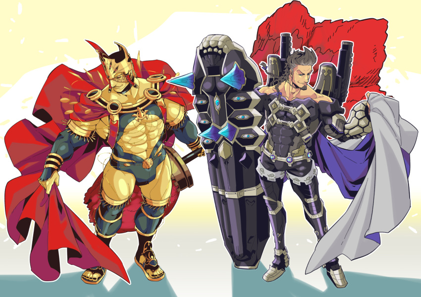 2boys, abs, armor, bara, bulge, cape, chest, crossover