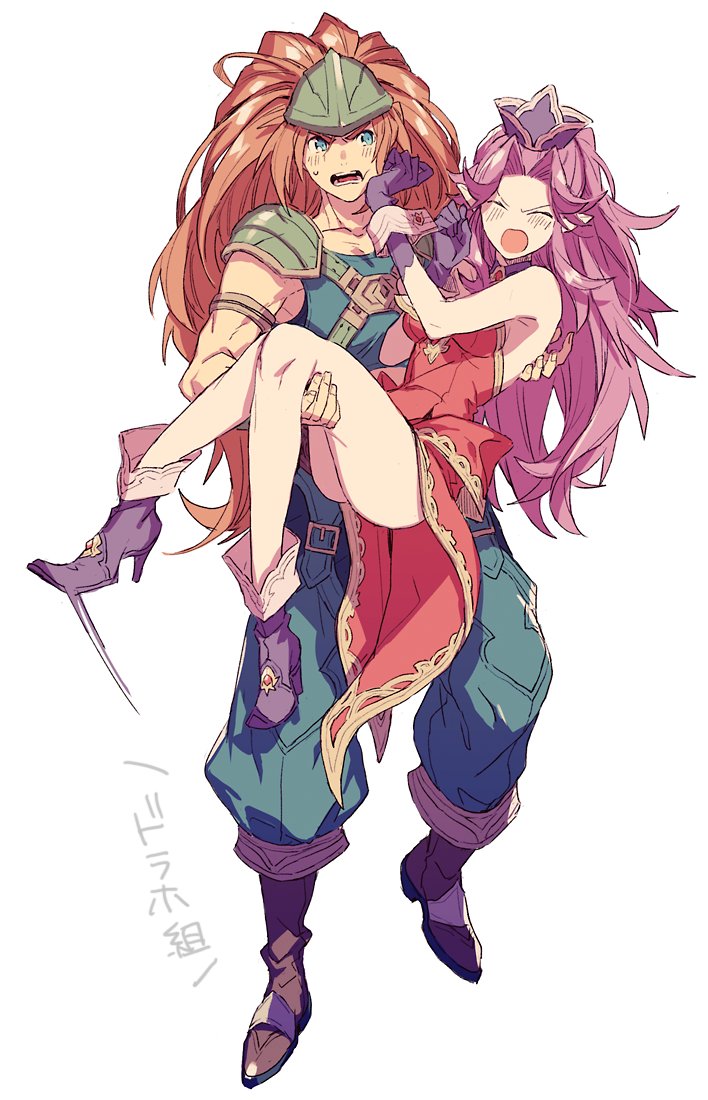 1boy, 1girl, aircraft, angela_(seiken_densetsu_3), ankle_boots, armlet, armor, black_footwear, blue_headwear, blue_pants, blue_shirt, boots, carrying, closed_eyes, commentary, dancing_youkai, dress, duran_(seiken_densetsu_3), frown, full_body, gloves, green_headwear, hairband, hand_on_another's_face, hat, helicopter, high_heel_boots, high_heels, long_hair, looking_at_another, medium_dress, open_mouth, pants, pauldrons, pointy_ears, princess_carry, purple_footwear, purple_gloves, purple_hair, pushing_away, red_dress, red_hairband, seiken_densetsu, seiken_densetsu_3, shirt, shoulder_armor, simple_background, sleeveless, sleeveless_dress, sleeveless_shirt, standing, translation_request, v-shaped_eyebrows, white_background