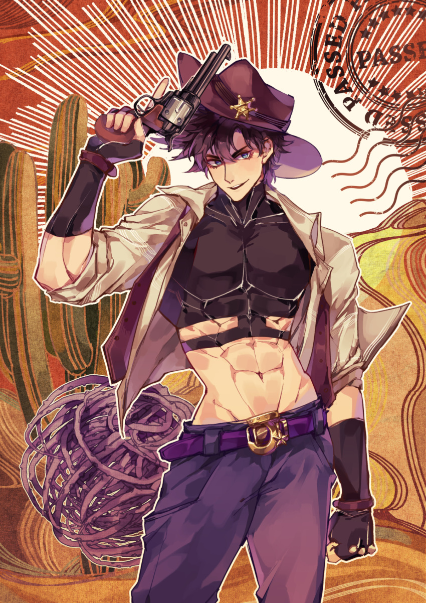 1boy, abs, adapted_costume, arm_up, battle_tendency, belt, belt_buckle, blue_eyes