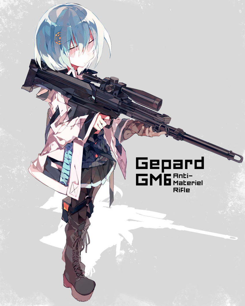 1girl, anti-materiel_rifle, barcode, black_pants, black_shirt, black_skirt, blue_hair, boots
