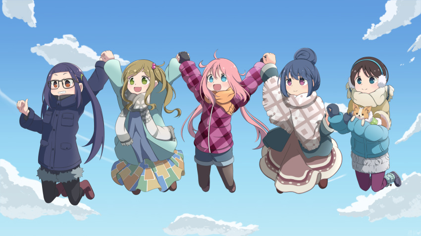 5girls, blue_eyes, blue_hair, blue_sky, blush, brown_eyes, brown_hair, chibi
