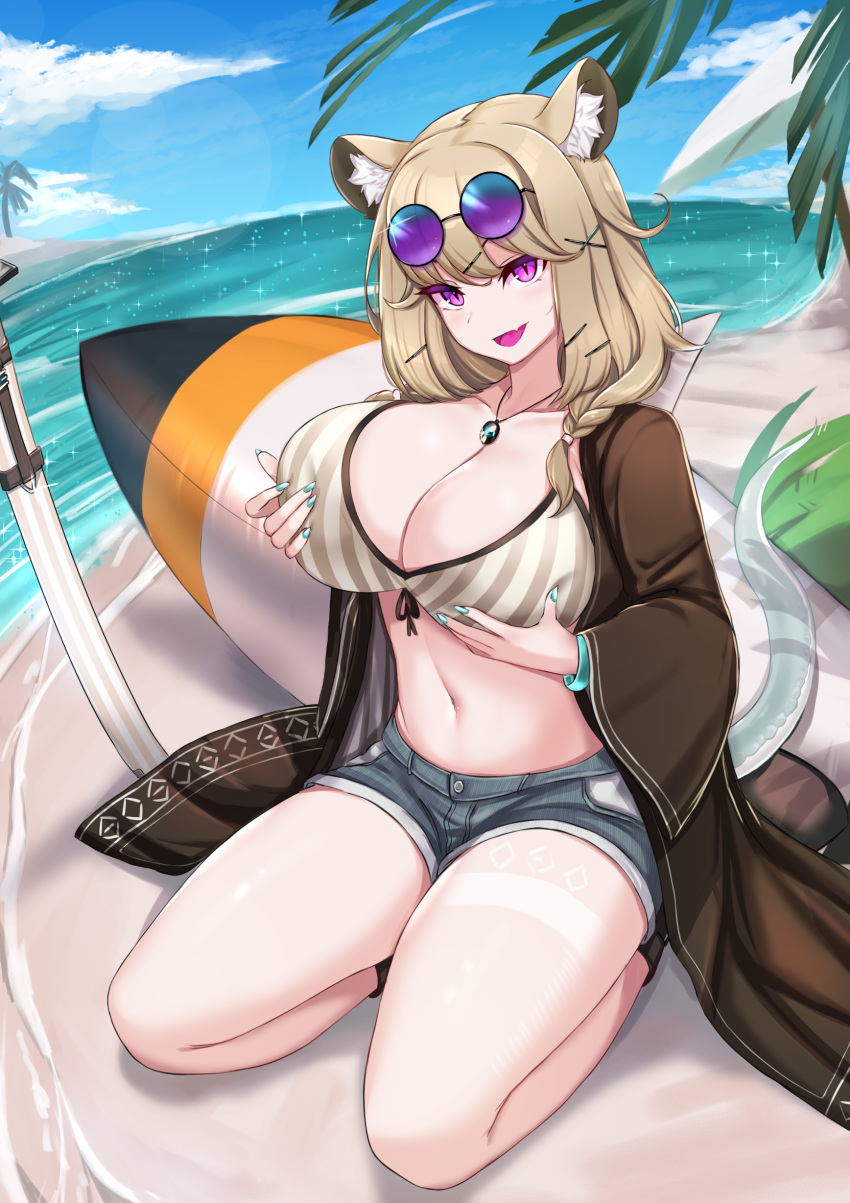 1girl, absurdres, animal_ear_fluff, animal_ears, arknights, beach, bikini, blue_sky