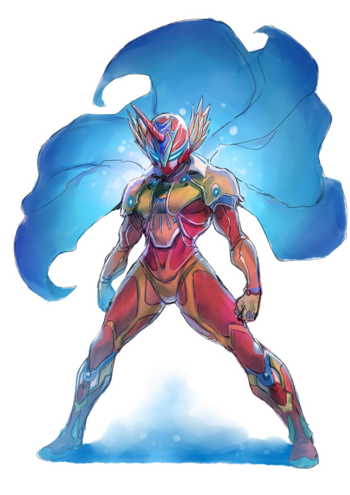 1boy, alkaiser, armor, bodysuit, cape, clenched_hands, full_armor, full_body, gloves, head_wings, helmet, horns, male_focus, red_(saga_frontier), saga, saga_frontier, sentai, simple_background, single_horn, solo, tukiwani, white_background