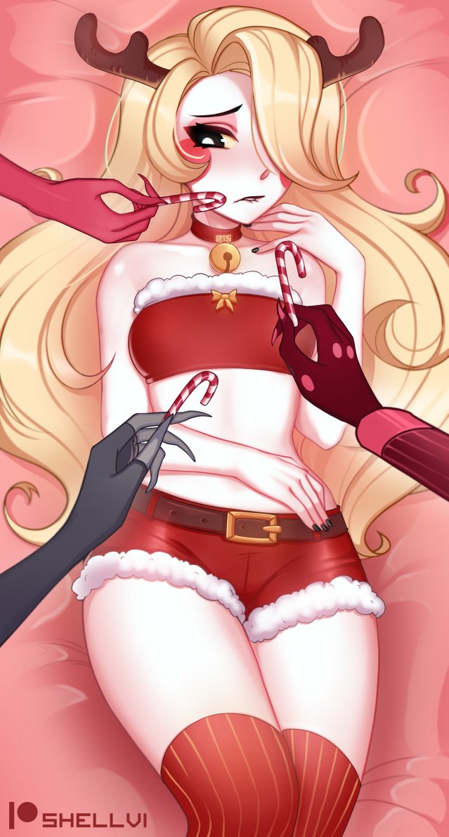 1girl, 3others, alastor_(hazbin_hotel), angel_dust, antlers, artist_name, bare_arms, bare_shoulders