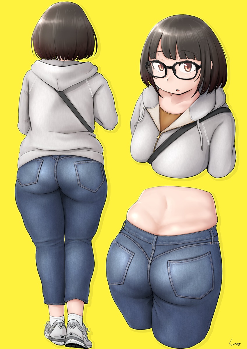 1girl, artist_name, ass, back, bangs, black-framed_eyewear, black_hair, blue_pants