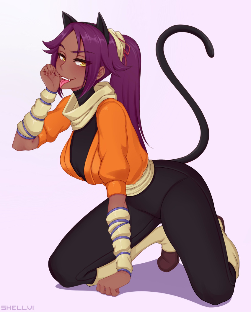 1girl, absurdres, animal_ears, arm_support, bangs, black_bodysuit, black_hair, black_pants, bleach, bodysuit, boots, breasts, brown_footwear, cat_ears, cat_girl, cat_tail, commentary, dark_skin, fang, full_body, hand_licking, highres, knee_boots, kneeling, large_breasts, long_hair, looking_at_viewer, open_mouth, pants, parted_bangs, paw_pose, pink_background, ponytail, purple_hair, scarf, shellvi, shihouin_yoruichi, shihouin_yoruichi_(cat), short_sleeves, simple_background, solo, tail, tongue, tongue_out, yellow_eyes