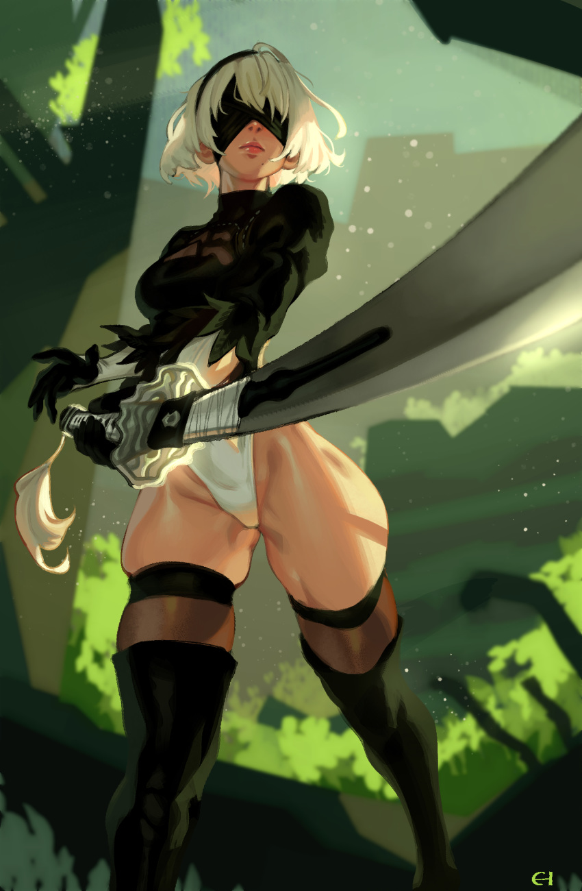 1girl, black_blindfold, black_gloves, black_hairband, blindfold, boots, breasts, cleavage_cutout