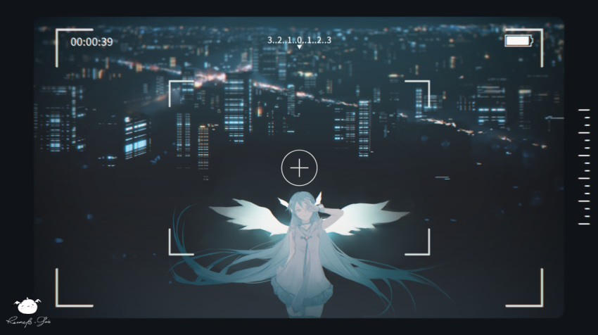 1girl, arm_up, artist_name, bangs, bare_shoulders, blue_hair, building, cityscape, commentary_request, dress, finder_(vocaloid), frilled_dress, frills, hair_between_eyes, hatsune_miku, head_tilt, long_hair, looking_at_viewer, necktie, ok_sign, signature, skyscraper, sleeveless, sleeveless_dress, solo, spencer_sais, thigh-highs, very_long_hair, vocaloid, white_dress, white_wings, wings, wrist_cuffs