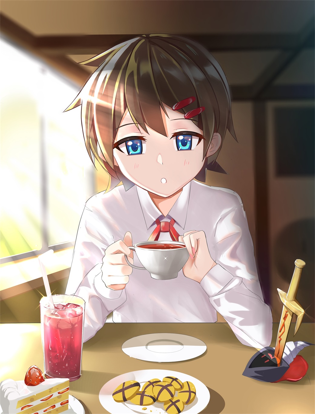 1girl, bangs, bleeding, blood, blue_eyes, blurry, blurry_background, brown_hair