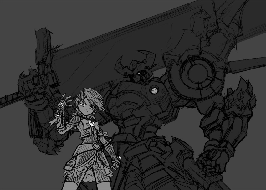 1girl, clenched_hand, crossover, cure_black, dygenguar, fingerless_gloves, futari_wa_precure, futari_wa_precure_max_heart, gloves, hamuten_(hmltzero), holding, holding_sword, holding_weapon, huge_weapon, looking_down, mecha, misumi_nagisa, monochrome, over_shoulder, precure, short_hair, sketch, super_robot_wars, super_robot_wars_original_generation, sword, weapon