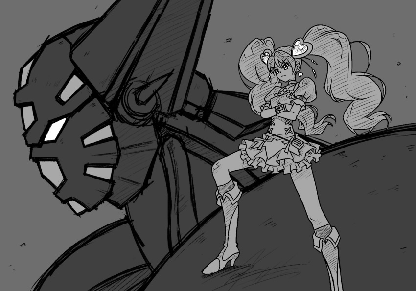 1girl, bangs, crossed_arms, crossover, cure_peach, fresh_precure!, from_side, getter_robo, hamuten_(hmltzero), long_hair, magical_girl, mecha, momozono_love, monochrome, precure, shin_getter-1, shin_getter_robo, sketch, super_robot, twintails