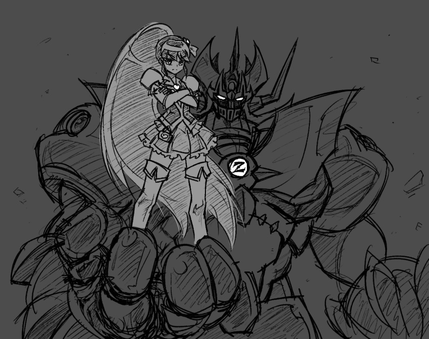 1girl, aino_megumi, crossed_arms, crossover, cure_lovely, hamuten_(hmltzero), happinesscharge_precure!, holding_person, long_hair, long_ponytail, looking_at_viewer, mazinkaiser, mazinkaiser_(robot), mecha, monochrome, precure, sketch, super_robot, very_long_hair