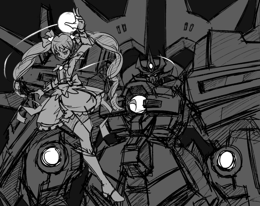 1girl, crossover, cure_echo, energy_ball, hamuten_(hmltzero), looking_at_viewer, magical_girl, mecha