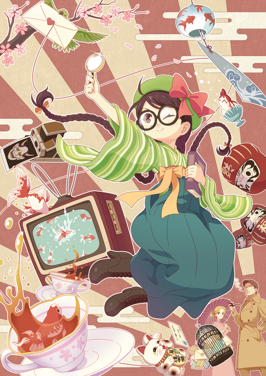 1boy, 2girls, absurdres, ahoge, antennae, beret, bird, birdcage, black_footwear, blonde_hair, book, boots, bow, braid, branch, brown_eyes, brown_hair, brown_headwear, cage, cherry_blossoms, commentary_request, crt, cup, daruma_doll, detective, dress, egasumi, fish, food, fruit, glasses, goldfish, green_headwear, green_kimono, green_skirt, hair_bow, hakama, hakama_skirt, hat, hat_bow, heart, high_heel_boots, high_heels, highres, holding, holding_book, holding_magnifying_glass, holding_pipe, holding_umbrella, japanese_clothes, kimono, letter, long_sleeves, magnifying_glass, maneki-neko, multiple_girls, one_eye_closed, oni_mask, oriental_umbrella, original, outstretched_arm, petals, pink_bow, pink_dress, pipe, polaroid, saucer, shaved_ice, skirt, smile, smoke, sparkle, strawberry, striped, striped_kimono, sunburst, sunburst_background, teacup, television, trench_coat, twin_braids, twintails, umbrella, wide_sleeves, wind_chime, zuku_p