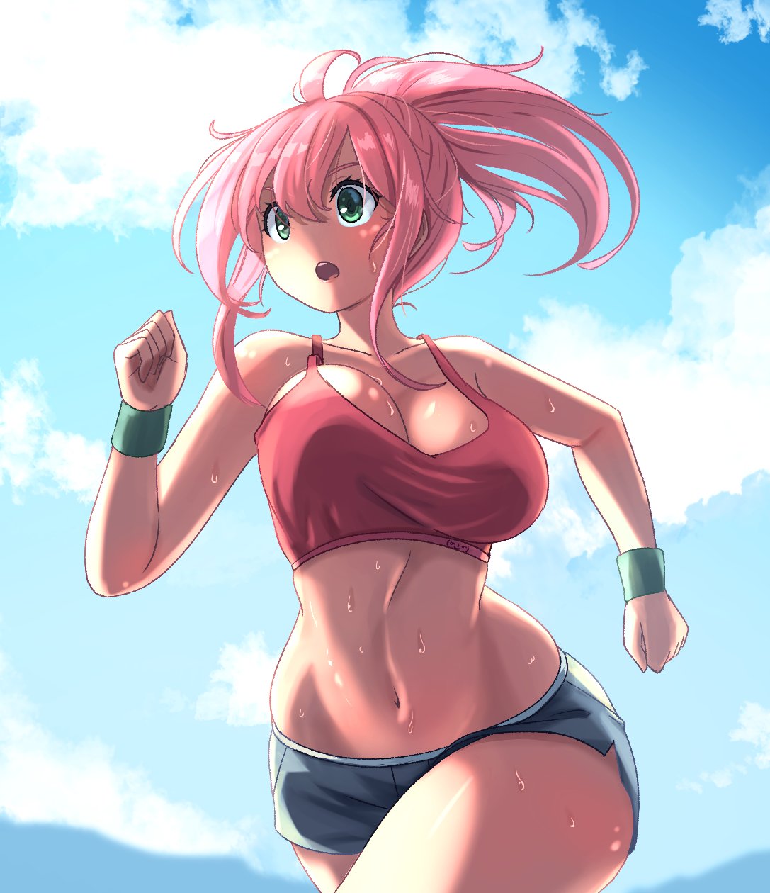 1girl, bouncing_breasts, breasts, clenched_hands, english_commentary, floating_hair, green_eyes, highres, jogging, kaynimatic, large_breasts, midriff, navel, open_mouth, original, pink_hair, ponytail, solo, sweat, tied_hair