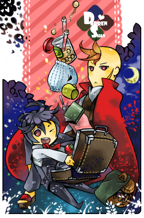 2boys, black_hair, black_jacket, bug, cage, cape, chibi, darren_shan
