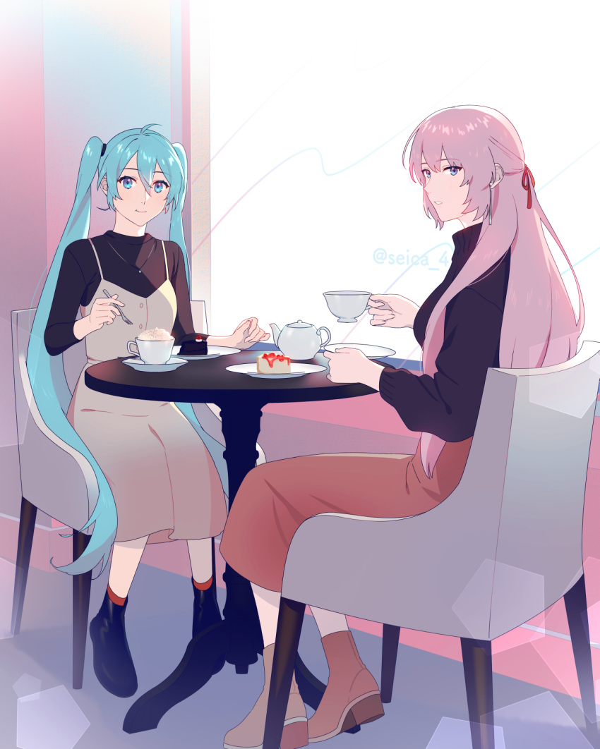 2girls, aqua_eyes, aqua_hair, black_shirt, blue_eyes, cafe, cake, chair, commentary, cup, food, fork, hatsune_miku, highres, holding, holding_cup, holding_fork, light_smile, long_hair, looking_at_viewer, looking_back, megurine_luka, multiple_girls, parted_lips, pink_hair, plate, red_skirt, seica, shirt, sitting, skirt, table, teacup, teapot, twintails, twitter_username, very_long_hair, vocaloid, window
