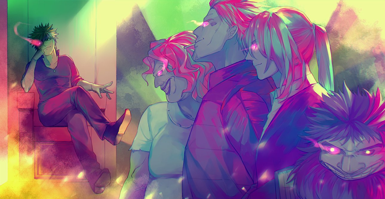 5boys, beard, cigarette, crossed_legs, evil_smile, facial_hair, gannen_harst, glalda, glowing, glowing_eye, glowing_eyes, multiple_boys, murlough, ponytail, purple_skin, reggie_veggie, short_hair, sitting, smile, smoking, steve_leonard, the_saga_of_darren_shan, throne