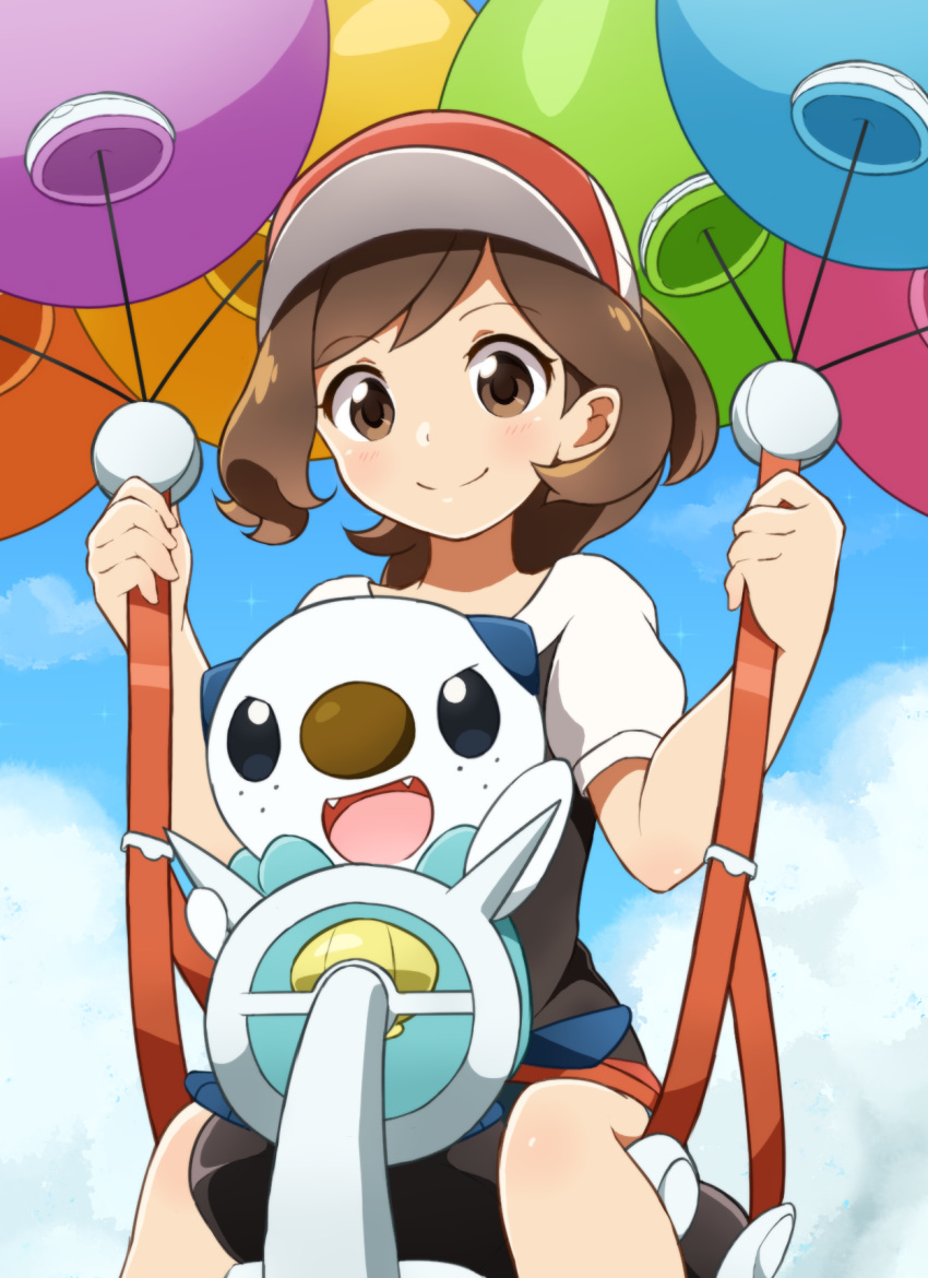 1girl, ayumi_(pokemon), balloon, bangs, baseball_cap, blush, brown_eyes, brown_hair