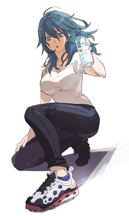 1girl, alternate_costume, asao_(vc), black_pants, blue_eyes, blue_hair, bottle, byleth_(fire_emblem)