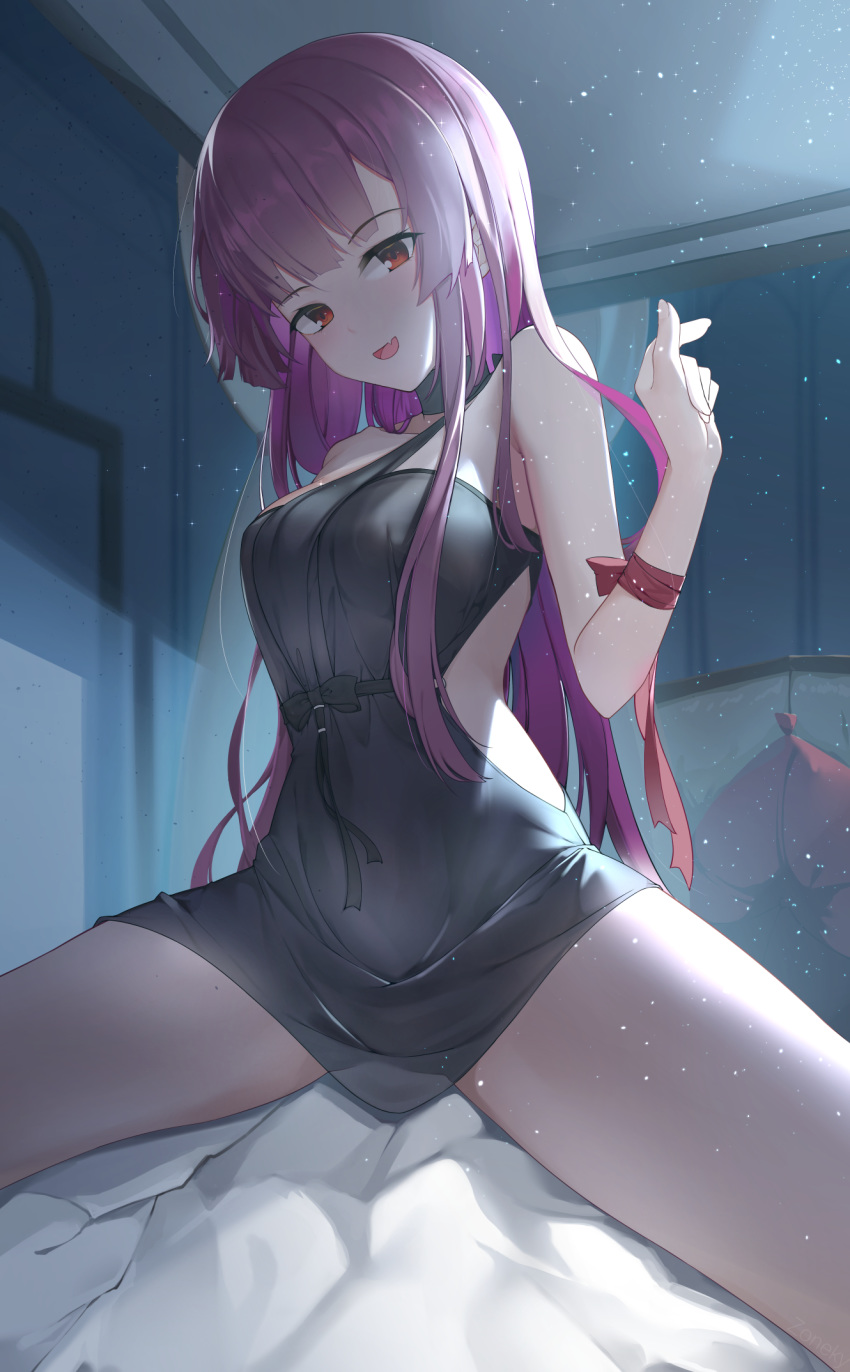 1girl, :d, bangs, bare_shoulders, bed, bed_sheet, black_dress, blush