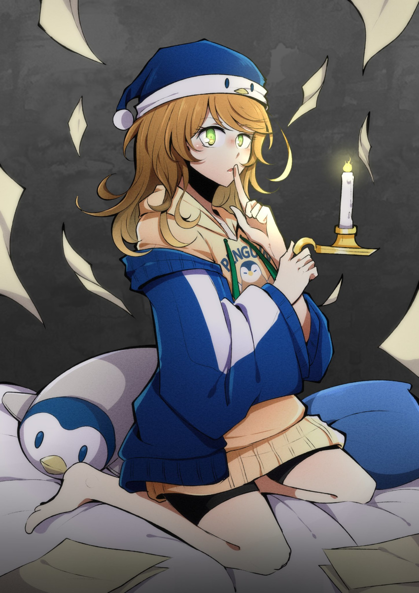 1girl, amicia_michella, brown_hair, candle, dreamerrii, finger_to_mouth, green_eyes, hat