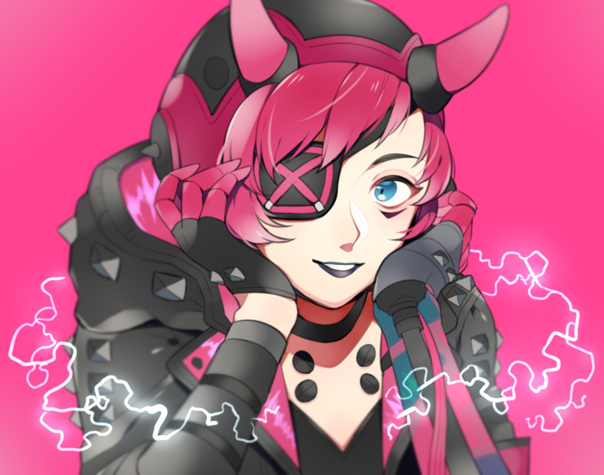 1girl, apex_legends, bandages, bangs, black_eyepatch, black_gloves, black_jacket, black_lips, black_lipstick, blue_eyes, choker, commentary_request, electricity, eyepatch, face, facial_mark, gloves, gradient, gradient_background, hands_on_own_cheeks, hands_on_own_face, helmet, hood, hood_down, horns, jacket, lipstick, long_sleeves, looking_at_viewer, makeup, mamio_(pixiv45381719), open_mouth, pink_background, pink_gloves, pink_hair, smile, solo, upper_body
