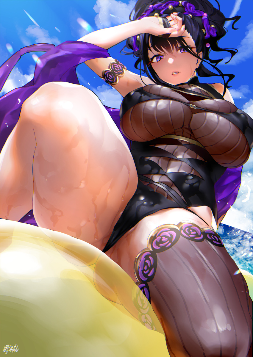 1girl, absurdres, armlet, banana_boat, bangs, bare_shoulders, black_gloves, black_hair, black_legwear, black_swimsuit, blush, breasts, covered_navel, fate/grand_order, fate_(series), fingerless_gloves, flower, gloves, hair_flower, hair_ornament, hair_up, half_gloves, highleg, highleg_swimsuit, highres, large_breasts, long_hair, looking_at_viewer, murasaki_shikibu_(fate), murasaki_shikibu_(swimsuit_rider)_(fate), noinoise, one-piece_swimsuit, parted_lips, shawl, single_thighhigh, sitting, swimsuit, thick_thighs, thigh-highs, thighs, tied_hair, violet_eyes, wet
