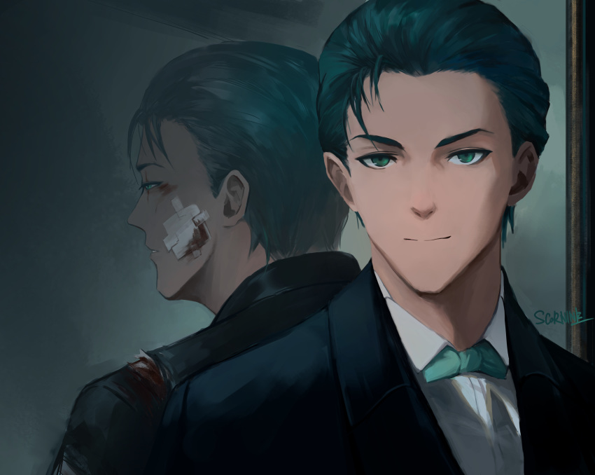 1boy, absurdres, bangs, black_hair, black_jacket, black_neckwear, blood, blue_jacket, bow, bowtie, collared_shirt, different_reflection, fate/grand_order, fate_(series), formal, gloves, green_bow, green_eyes, highres, jacket, long_sleeves, looking_at_viewer, male_focus, neckwear, reflection, scornine, sherlock_holmes_(fate/grand_order), shirt, short_hair, signature, smile, solo, suit, upper_body, white_shirt