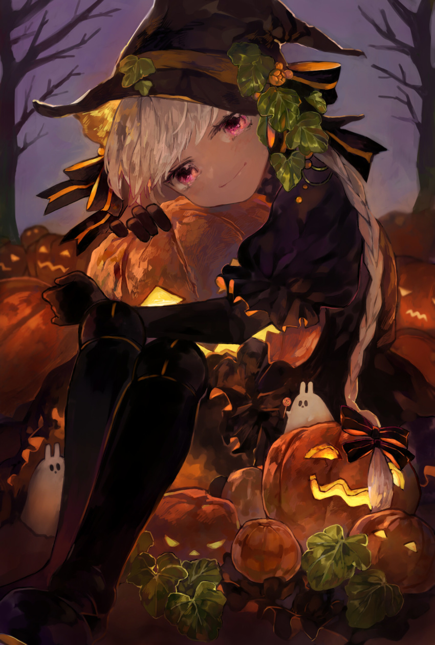 0803mm, alternate_costume, black_bow, black_dress, black_footwear, black_gloves, black_headwear, bow, braid, braided_ponytail, dress, elbow_gloves, fate/grand_order, fate_(series), food, gloves, halloween, halloween_costume, hat, highres, looking_at_viewer, nursery_rhyme_(fate/extra), puffy_sleeves, pumpkin, short_sleeves, silver_hair, sitting, smile, violet_eyes, white_hair, witch_costume, witch_hat