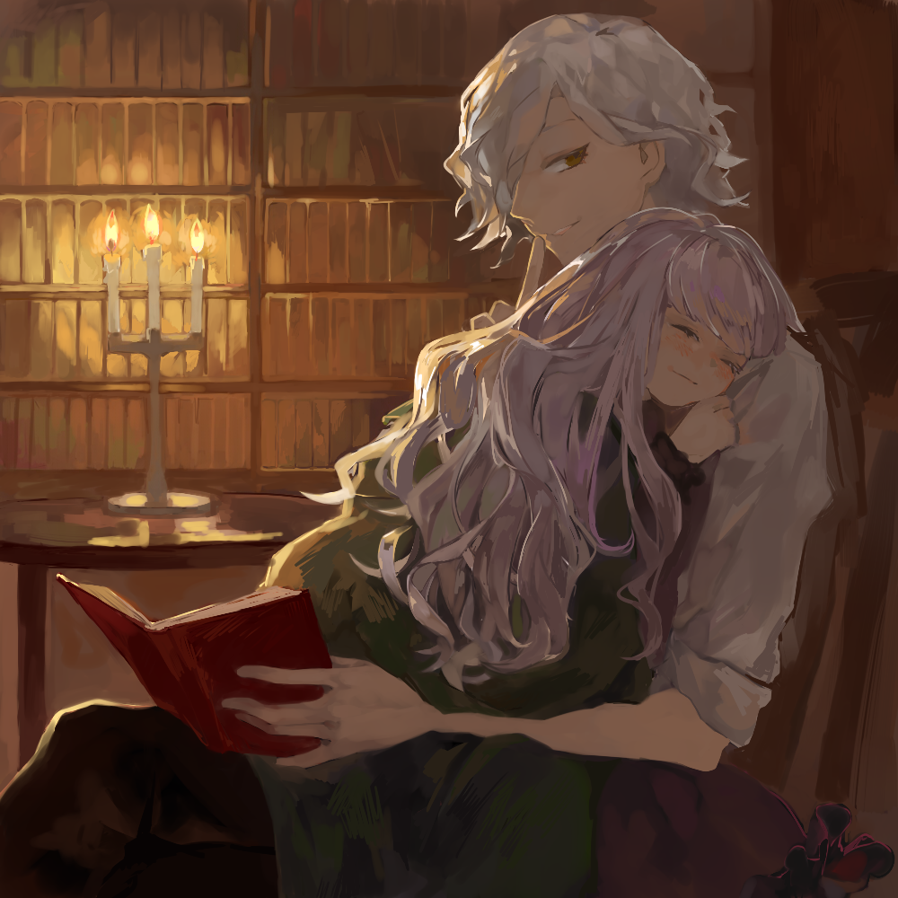 0803mm, 1boy, 1girl, black_pants, blanket, blush, book, candle, candlestand, closed_eyes, collared_shirt, edmond_dantes_(fate/grand_order), fate/grand_order, fate_(series), holding, holding_book, long_hair, lying, lying_on_person, medium_hair, nursery_rhyme_(fate/extra), pants, shirt, silver_hair, sitting, sleeping, sleeves_rolled_up, smile, very_long_hair, white_hair, white_shirt, yellow_eyes, younger