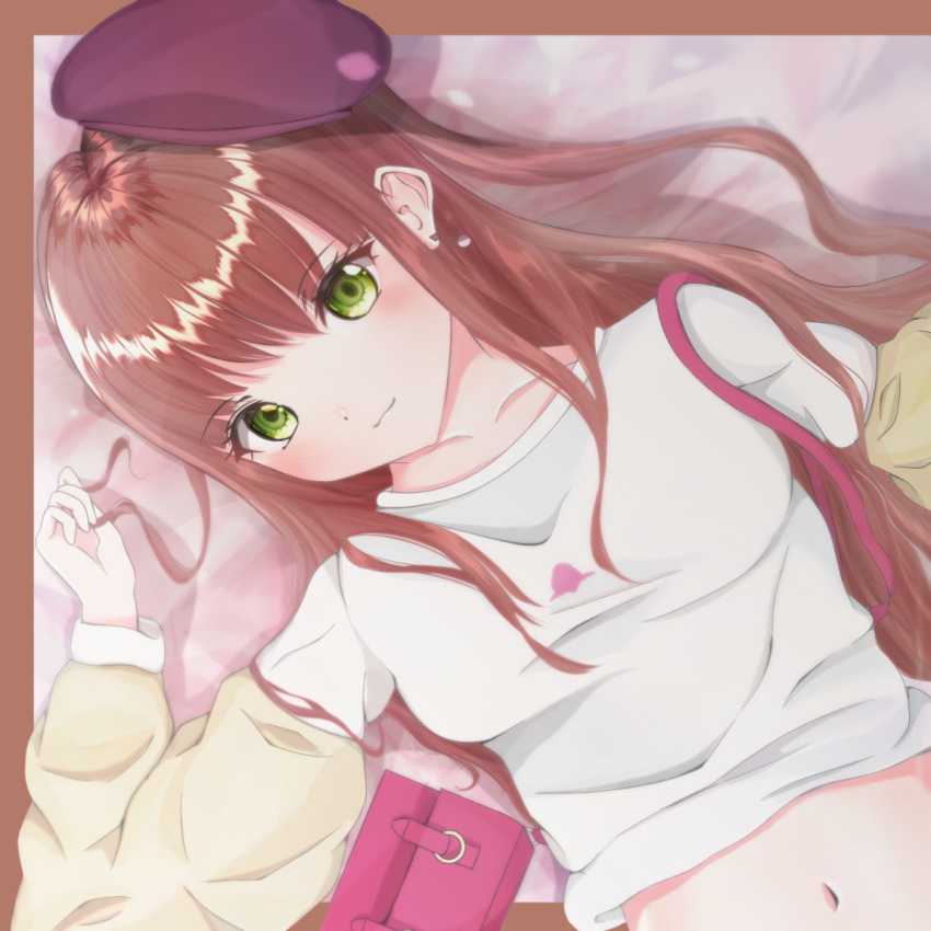 1girl, bang_dream!, bangs, breasts, brown_hair, green_eyes, hat, highres