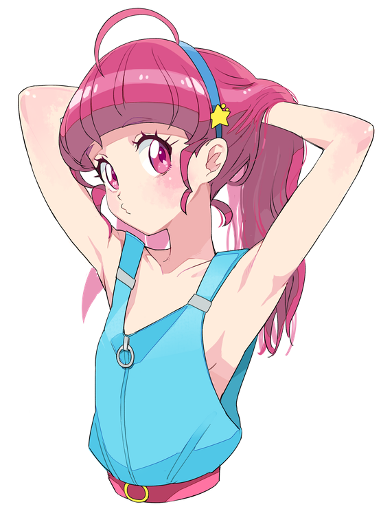 1girl, adjusting_hair, ahoge, armpits, blush, border, breasts, collarbone, cropped_torso, hair_ornament, hairband, hoshina_hikaru, long_hair, moudoku_(decopon3rd), no_bra, pink_eyes, pink_hair, precure, pursed_lips, sideboob, sideways_glance, simple_background, small_breasts, solo, star_(symbol), star_hair_ornament, star_twinkle_precure, tying_hair, upper_body, white_background, white_border
