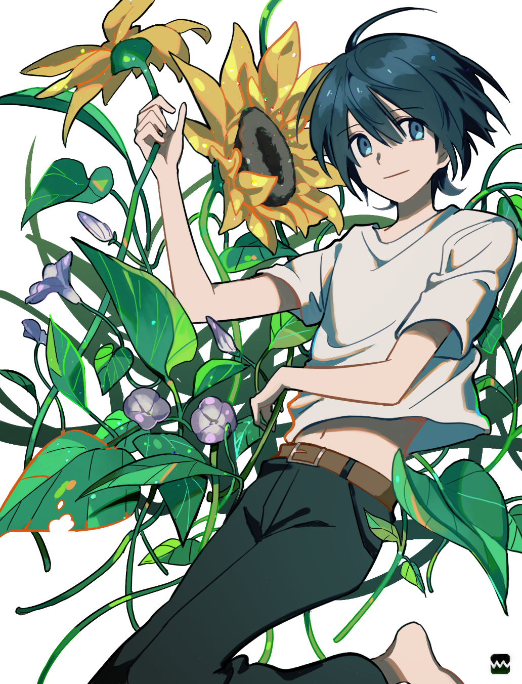 1boy, ahoge, barefoot, bell, belt, blue_eyes, blue_hair, brown_belt