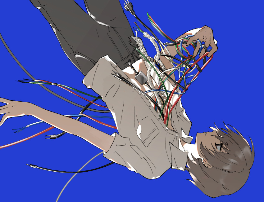 1boy, android, blue_background, brown_eyes, brown_hair, cable, extraspiky, eyebrows_visible_through_hair
