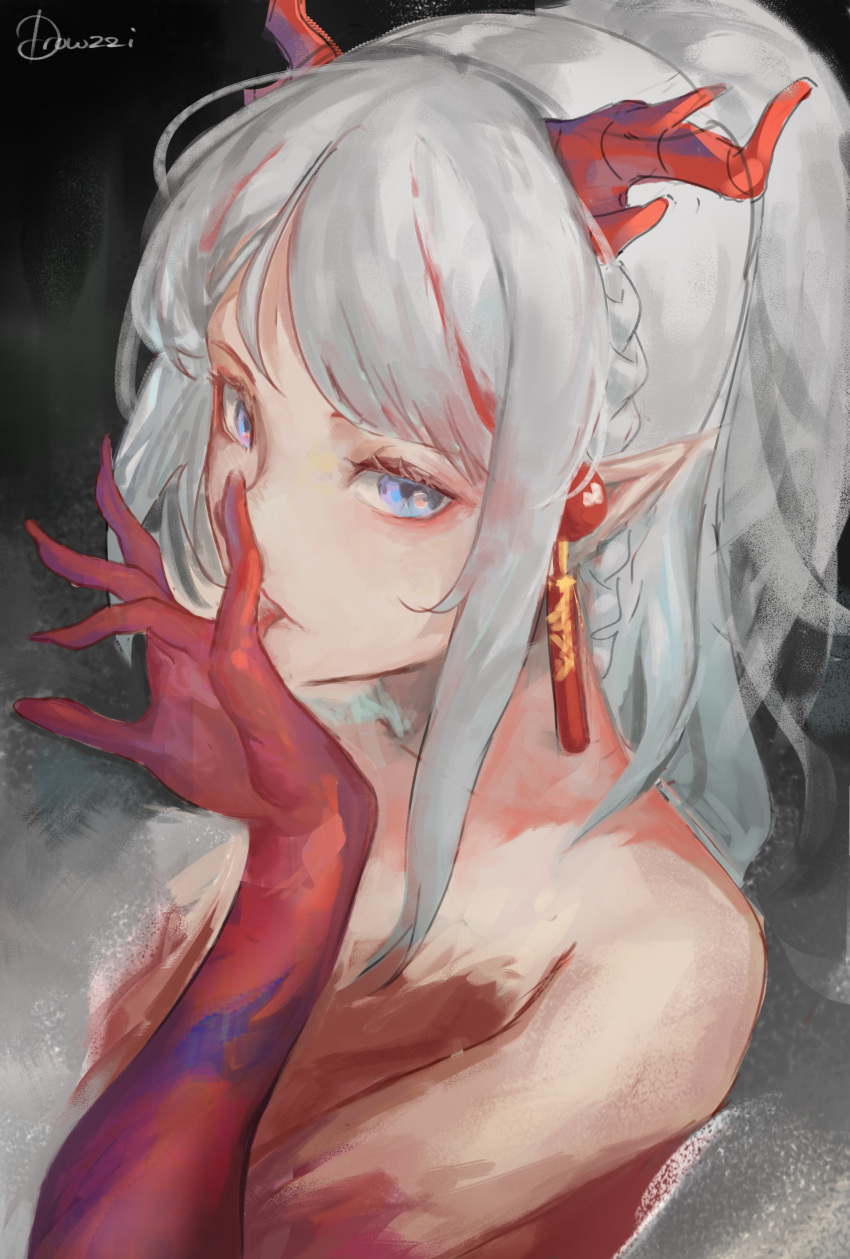 1girl, absurdres, arknights, blue_eyes, braid, drowzzi, earrings, finger_licking