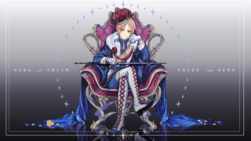 1boy, blonde_hair, blue_cape, boots, cape, chair, closed_mouth, copyright_name