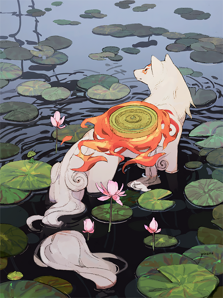 amaterasu, animal, commentary, english_commentary, fire, flower, lily_(flower), lily_pad